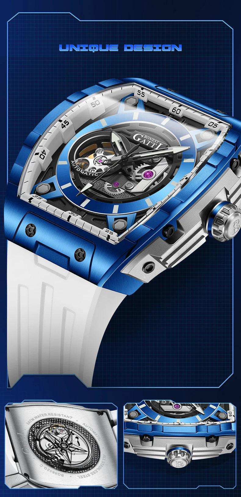 BONEST GATTI ساعة أوتوماتيكية للرجال 46 مللي متر * 51 مللي متر Tonneau ساعة يد ميكانيكية الياقوت مضيئة الهيكل العظمي الهاتفي حزام مطاط الفلور