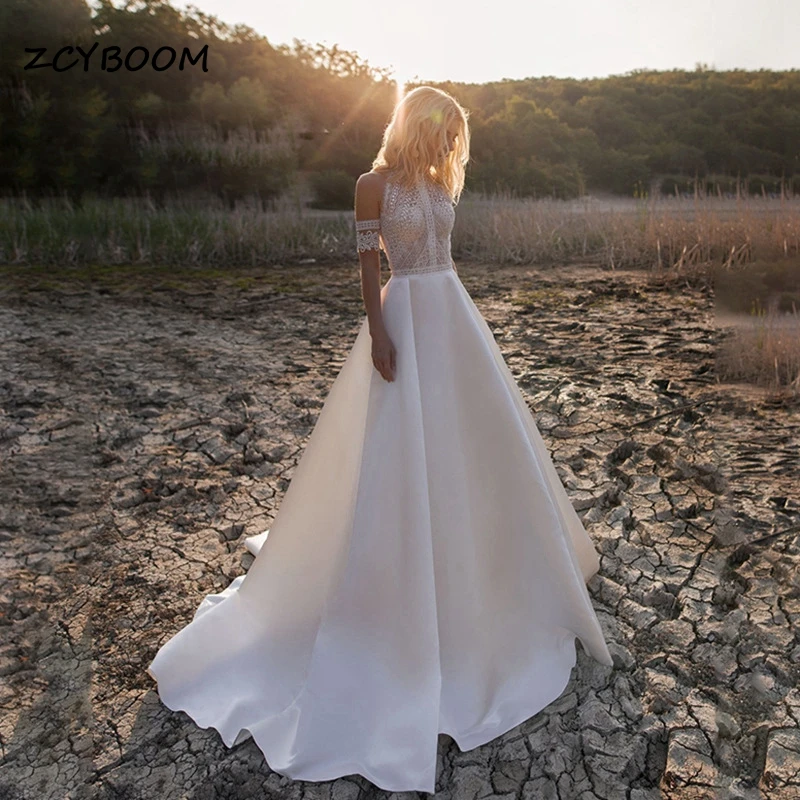 Customized Modern Satin Halter A-Line Cutout Wedding Dresses Detachable Sleeves  2024 Court Train Bridal Gowns Vestidos De Novia