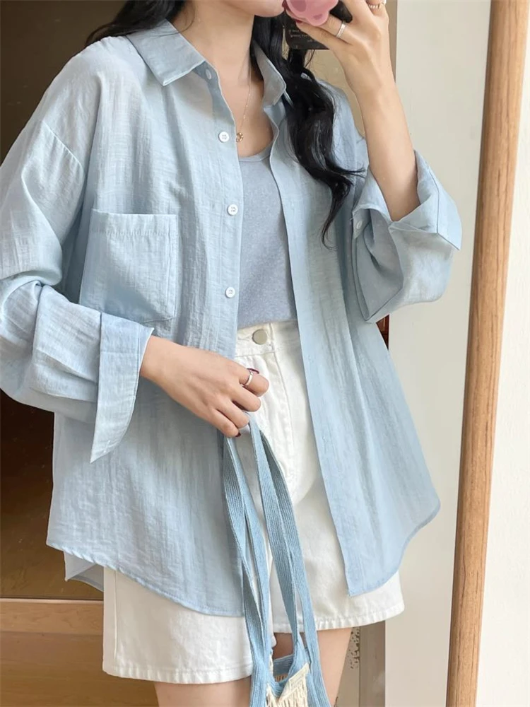 Women's Pure Cotton Linen Shirt Casual Thin Long Sleeve Spring Autumn Summer Outerwear  Collar Button Detail Midi Length