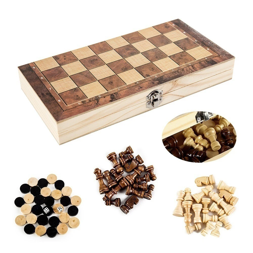 

3 in 1 Exquisite Chess Set Folding Storage Wooden Chess and Checkers Game Set Travel Chess Sets for Chess Board Game
