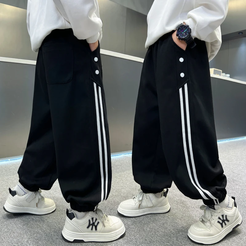 2026 Spring Fall Children Cotton Side Striped Track Pants for Tweens Boys Casual Sports Trousers Kids Teenager Sporty Sweatpants