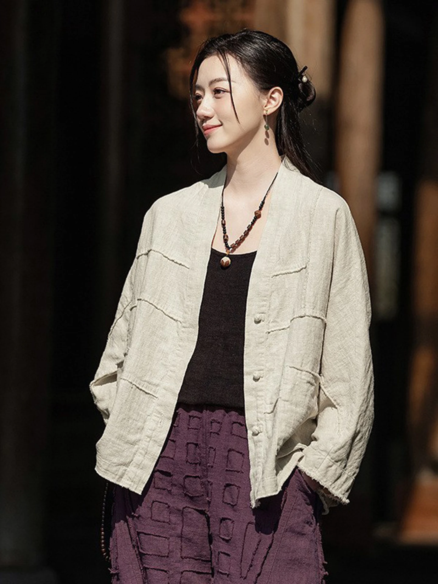 New Autumn Chinese Style Cotton Linen Women's Jacket National Fashion Outerwear Small Tea Service Top Retro Button Zen Style ...
