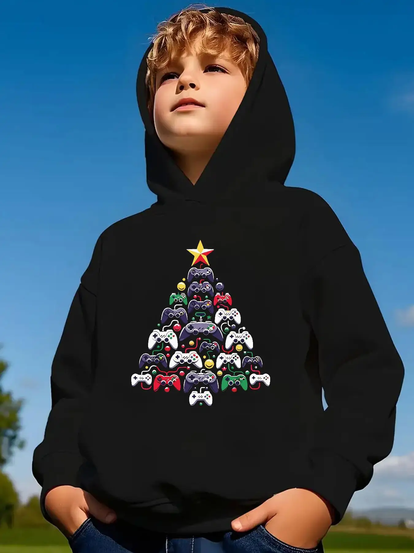 

Children's Game Video Game Controller Printed Hoodie - Christmas Tree Design, 16 Color Block Letter Pixel Art