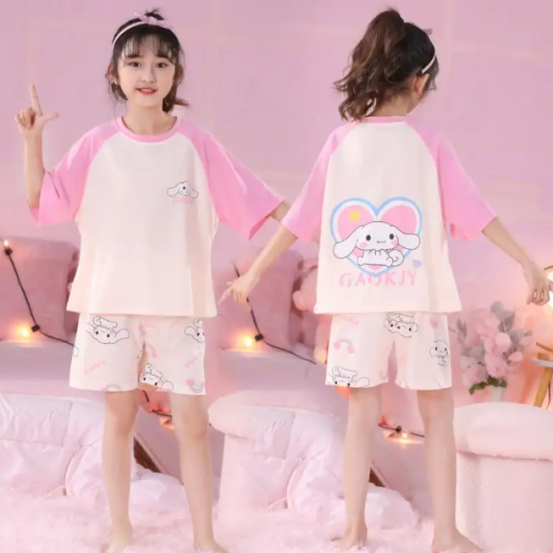 Sanrio Meisjes Pyjama En Pyjama Zomer Nieuwe Puur Katoenen Korte Mouwen Ronde Hals Dun Pak Home Wear Kuromi My Melody Girls Cadeau