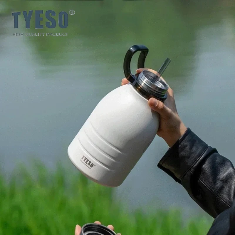TYESO 1.5/1.9L Sports Thermos Cup 304 Stainless Steel Vacuum Insulated Mug Carry Ring Large Capacity Hiking Fitness Water Bottle