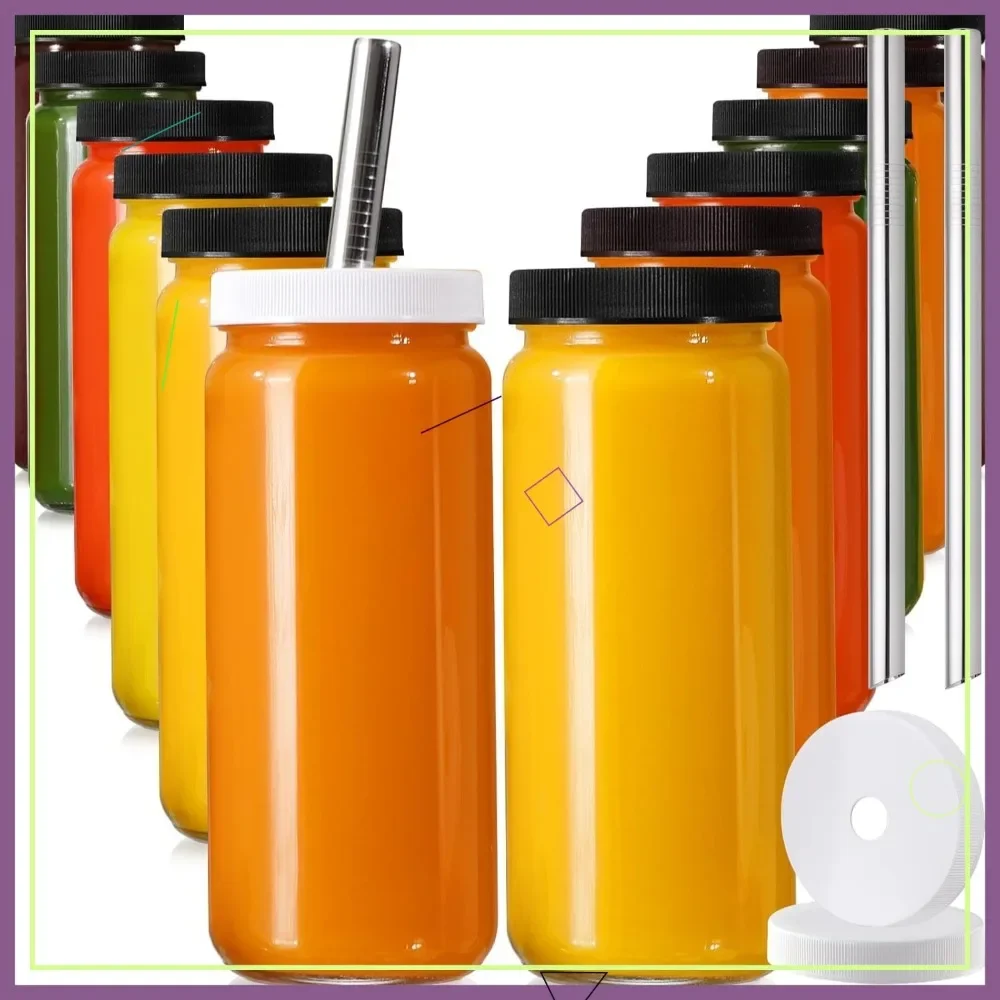 

12 Pack 16oz Glass Juice Bottles with Lids & Straws, Reusable Drinking Jars for Smoothies, Travel