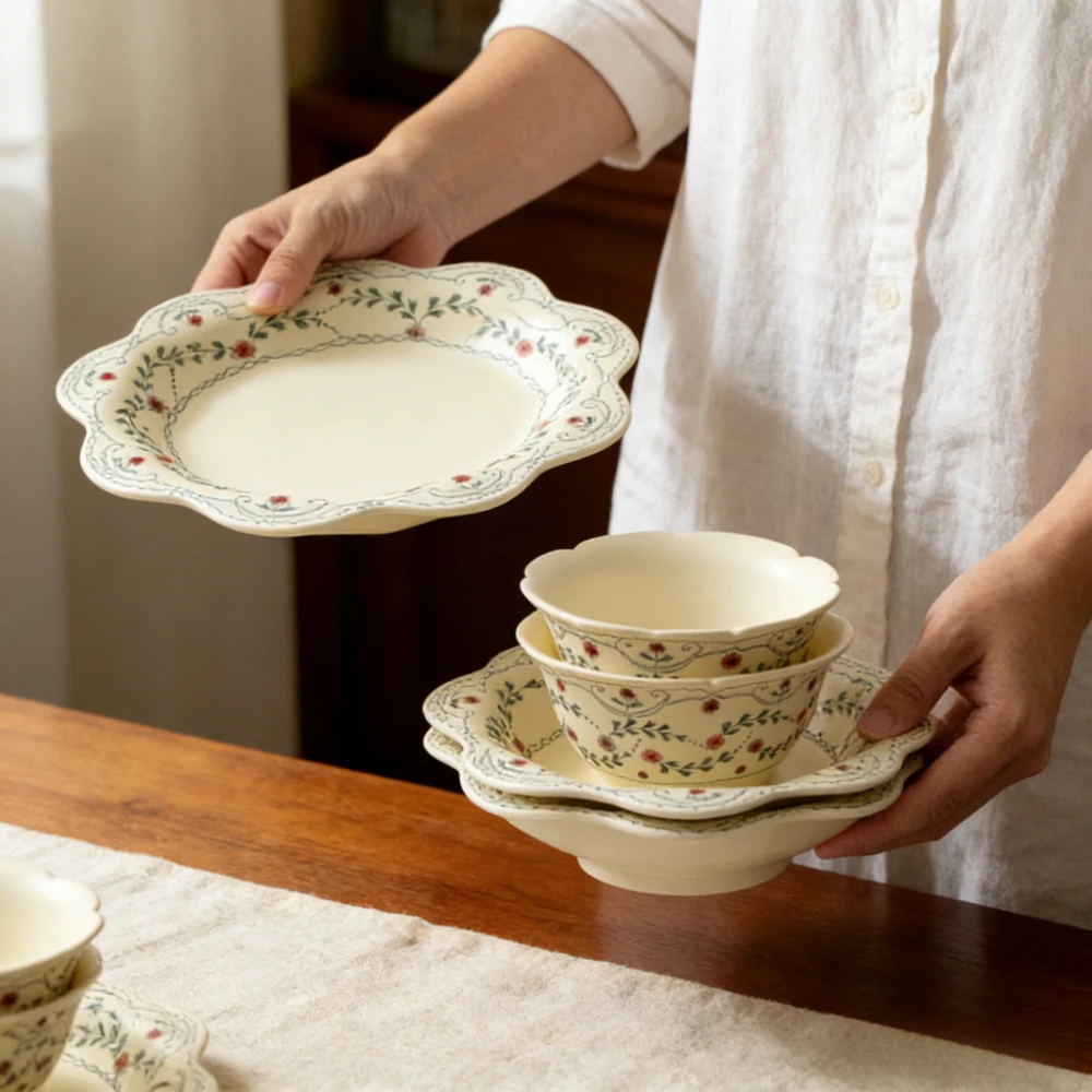 Ceramic Rattan Lace Matte Glaze Dinner Elegant Tulip-shaped Plates, French-style Sweet Dessert Fruit Bowl Household Tableware