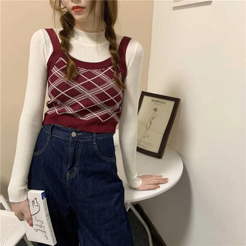 

New Spring and Autumn Style Plaid Layered Knitted Suspender Vest for Women Slim Versatile Diamond Base Shirt