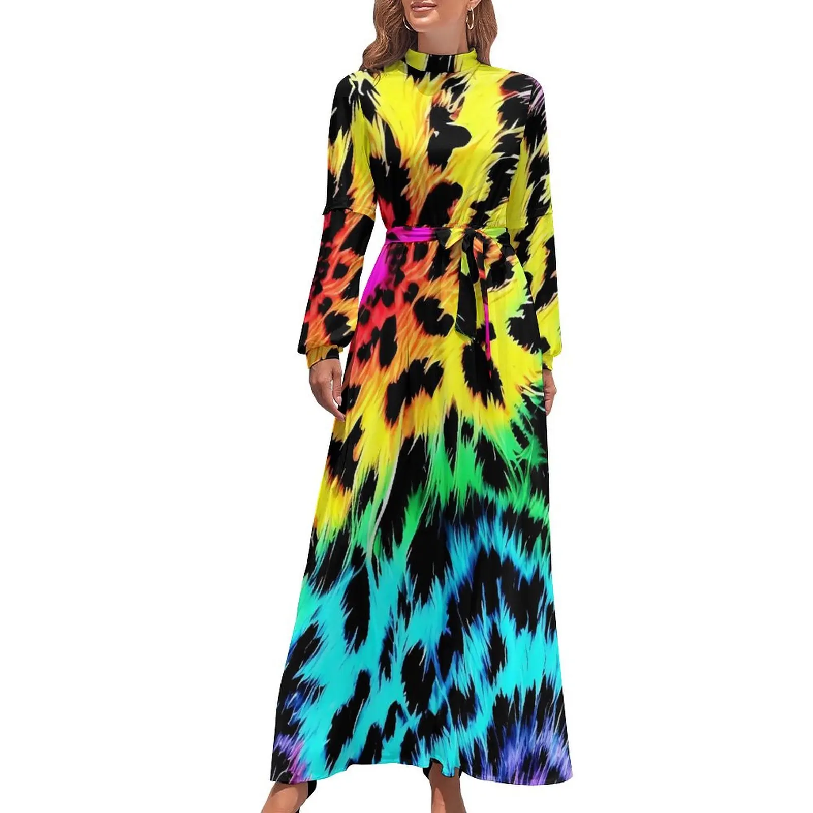 

Tie Dye Rainbow Dress Leopard Print Street Wear Bohemia Dresses Women Long Sleeve High Waist Elegant Long Maxi Dress