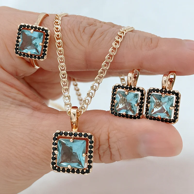 

Комплекты украшений Kinel Hot Shiny Blue из натурального циркона для женщин: модные кольца, серьги и ожерелья из розового золота 585 пробы, повседневные изысканные ювелирные изделия