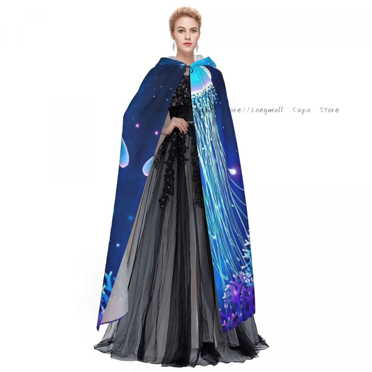 Magic Glowing Jellyfish Underwater Hooded Cloak Coat Halloween Cosplay Costume Vampire Devil Wizard Cape Gown Party image 3