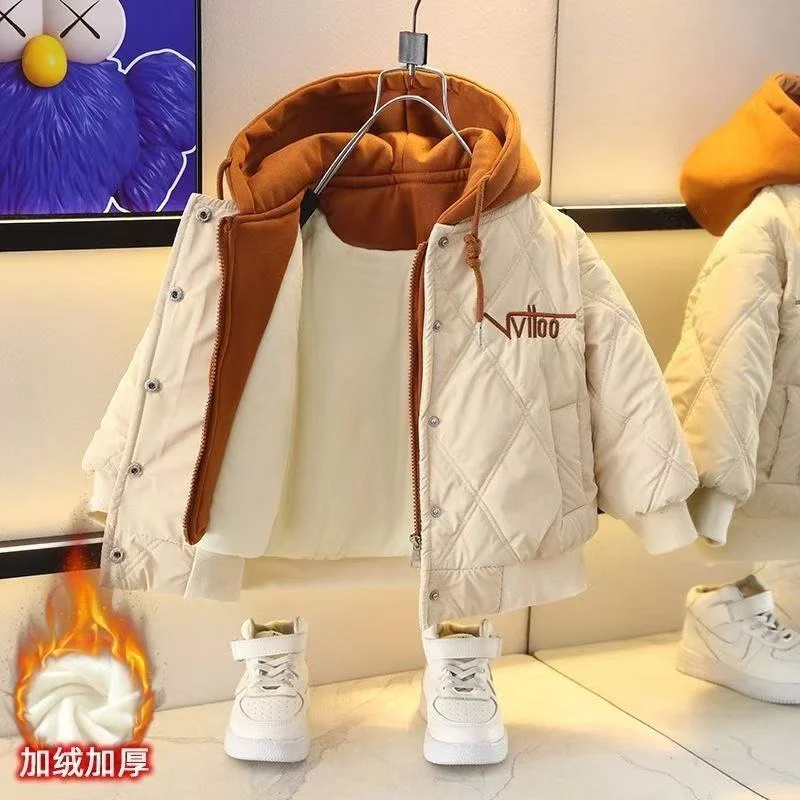 Winter Boys Plush Thick Coat New Velvet Warm Cotton Coat Teen Hooded Baseball Outerwear Parka Children Clothing 2-10Y