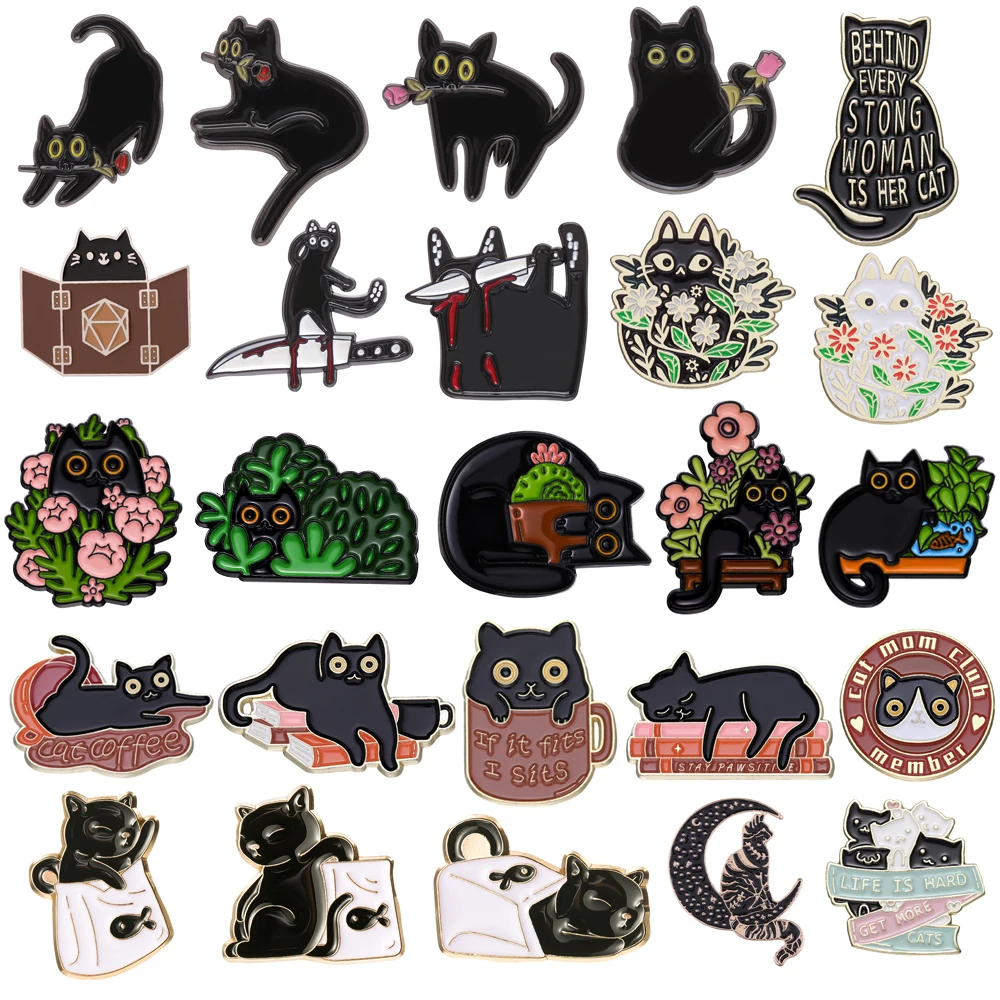 Cute Black Cat Enamel Brooch Dagger Cat Wreath Plant Rose Book Coffee Cat Fish Bag Creative Animal Metal Badge Lapel Pin Jewelry