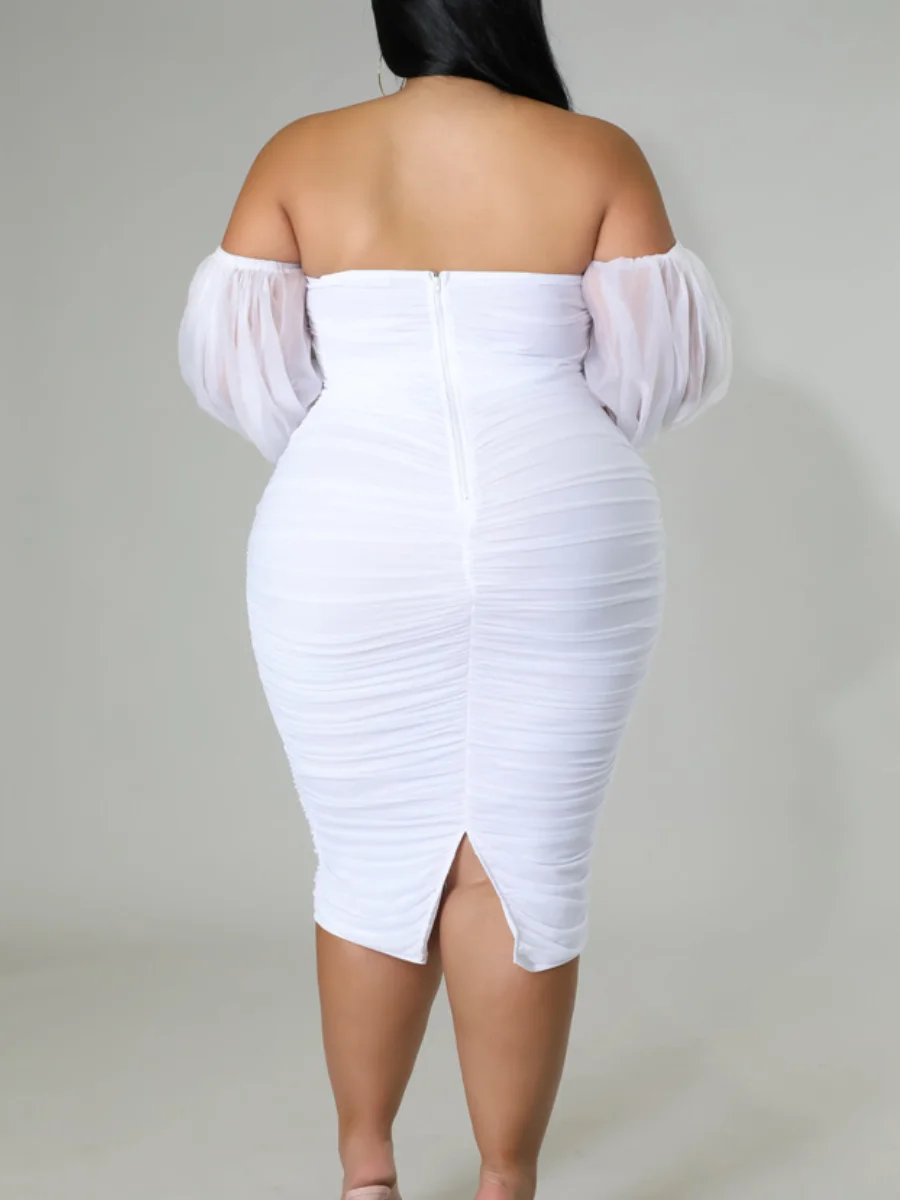 LW Off The Shoulder Ruched Bodycon Dress Hubble Bubble Sleeve Elegant Plain White Dresses Autumn Strapless Mesh Patchwork Dress