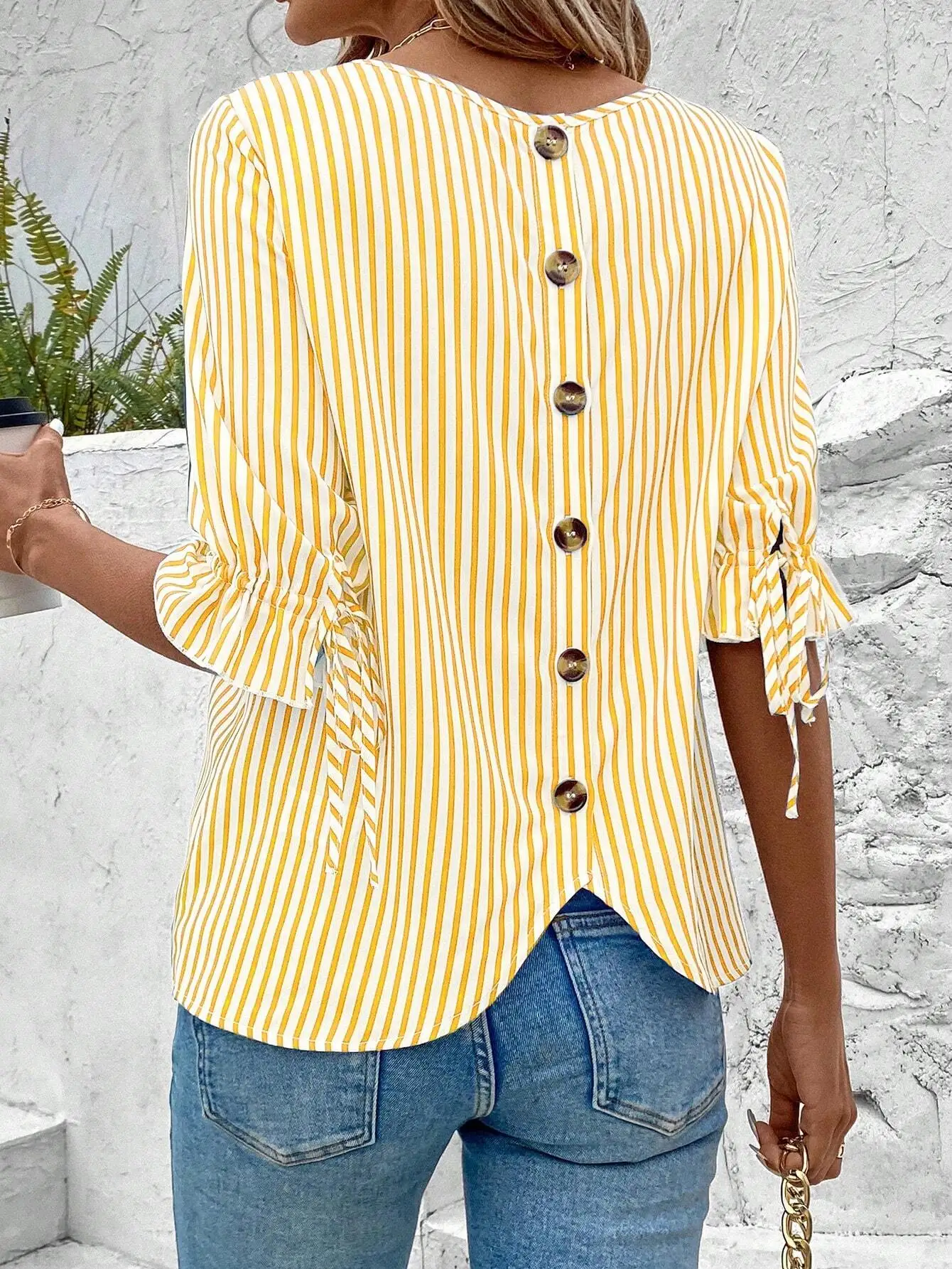 

Striped Button Back Casual Blouse With Ruffle Sleeve