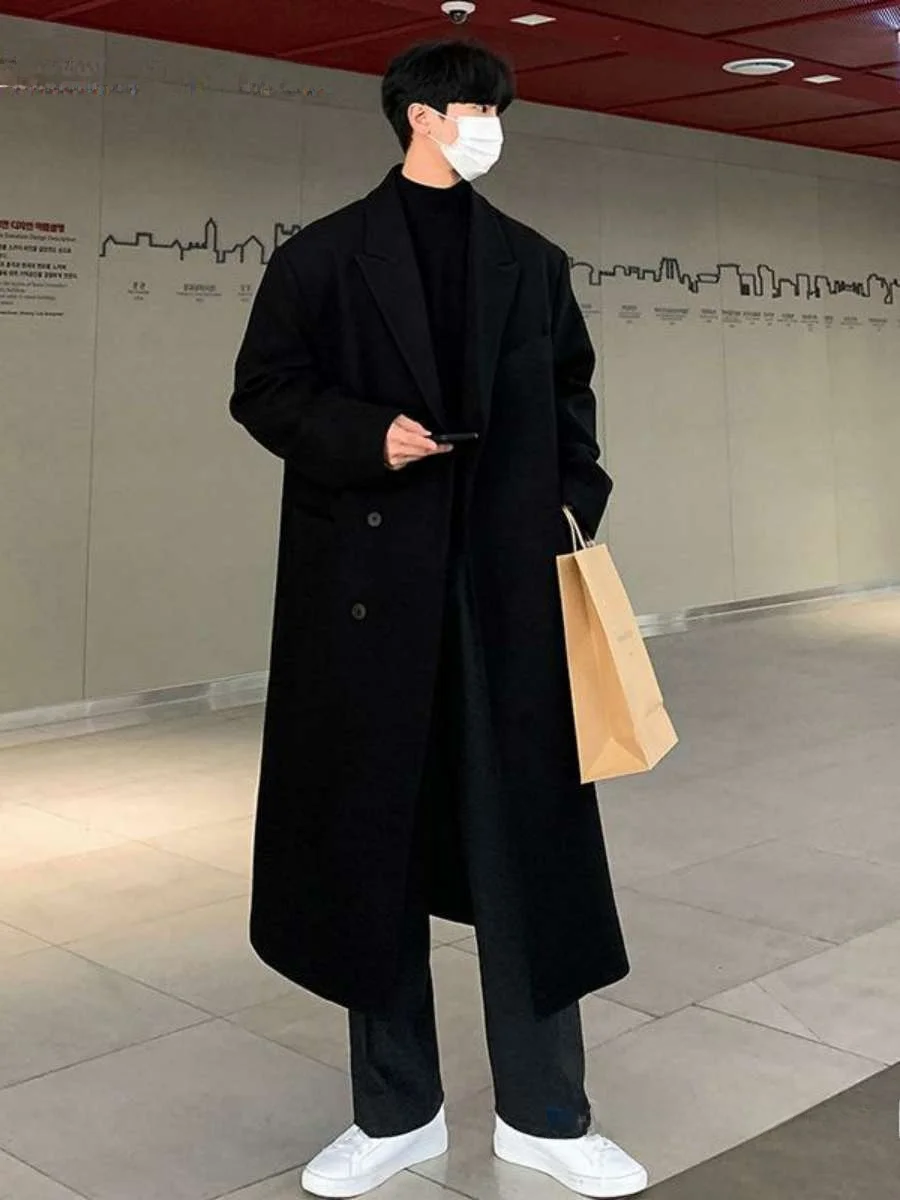 

Зимнее мужское шерстяное пальто средней длины ниже колена, без вельвета, ветрозащитное, свободного кроя, с заниженной линией плеч, в корейском стиле, длинное пальто из ПУ