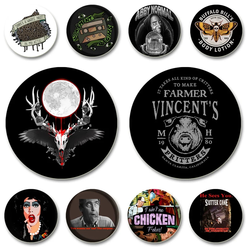 44/58mm Handmade Creative Round Badge Horror Movie Brooches Horrible Animal Lapel Pins for Backpack Clothes Accessories Gift Hat