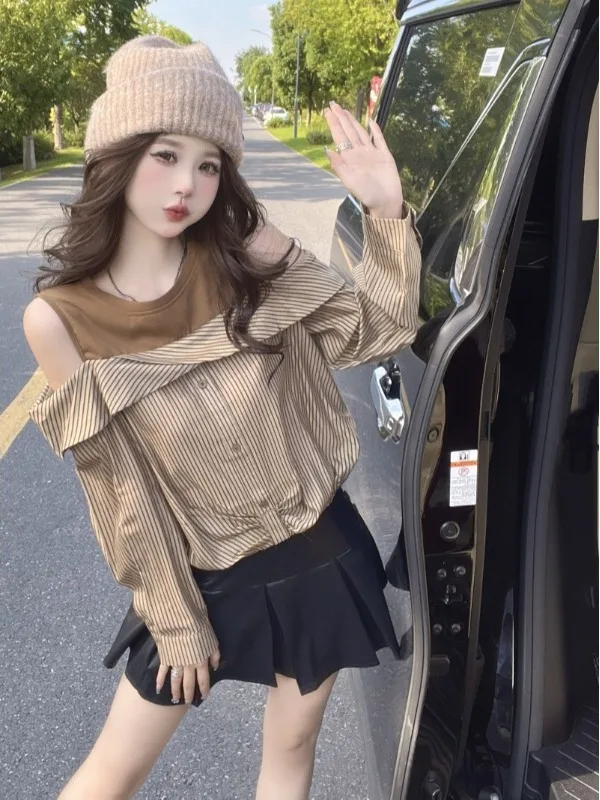 

Полосатая женская блузка с открытыми плечами и длинными рукавами, осенняя коллекция 2025, новинка, повседневный модный дизайн, имитация двухслойности