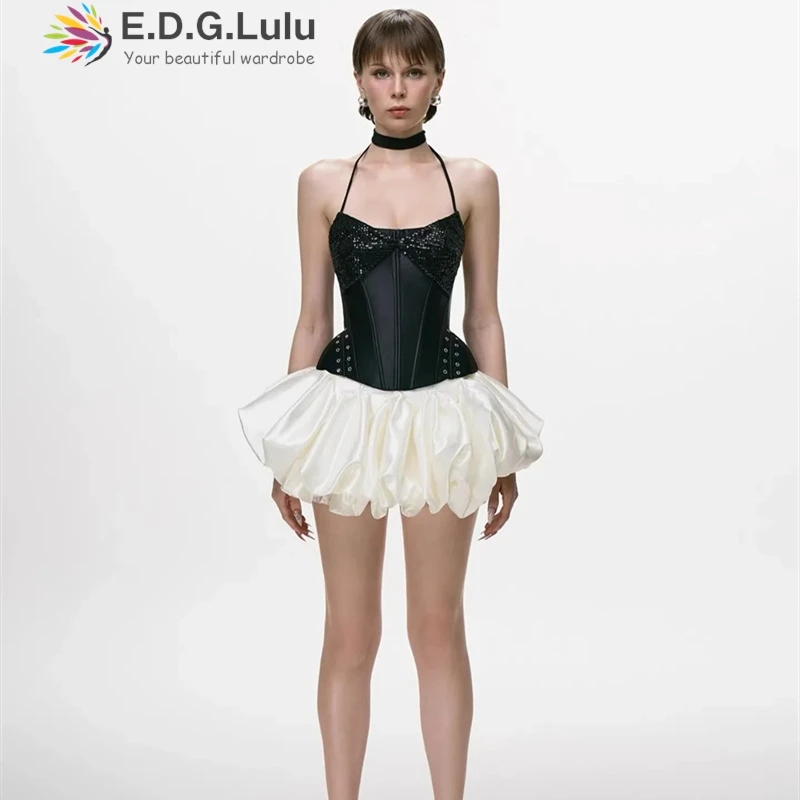 EDGLuLu Halter Sequinblack Splicing White Party Dresses Luxury 2026 Drawstring Lace-Up Backless Sexy Club Outfit For Womens 0312