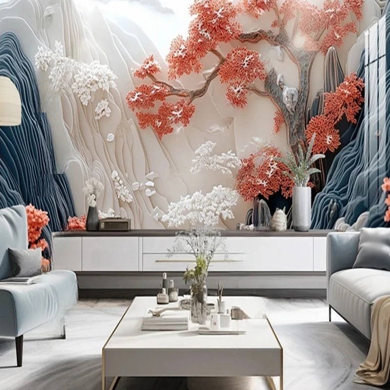 Custom Modern Chinese Style 3D Textured Landscape Mural Wallpaper Floral Tree Wall Coverings for Living Room TV Background