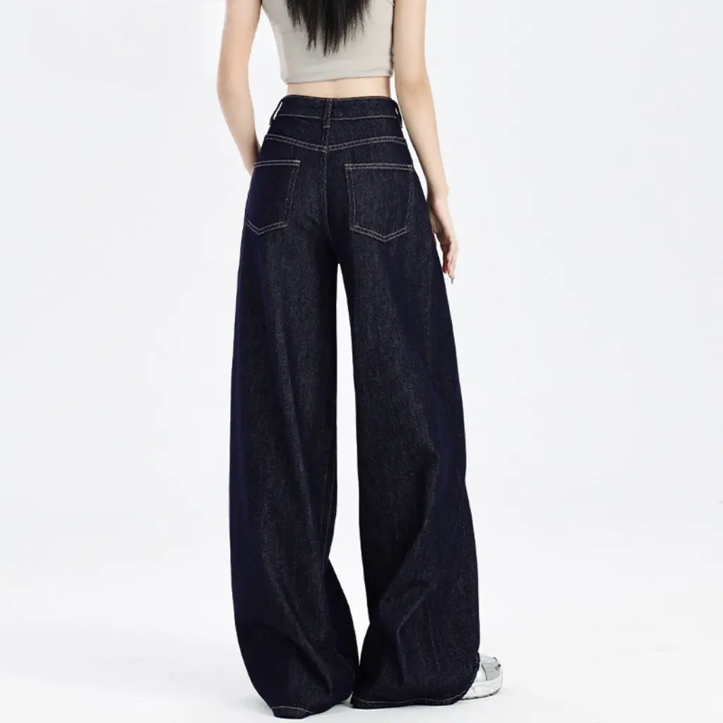 

Women's Dark Blue High-Waisted Wide-Leg Jeans Loose Fit Draped Denim Floor-Length Pants Spring Summer