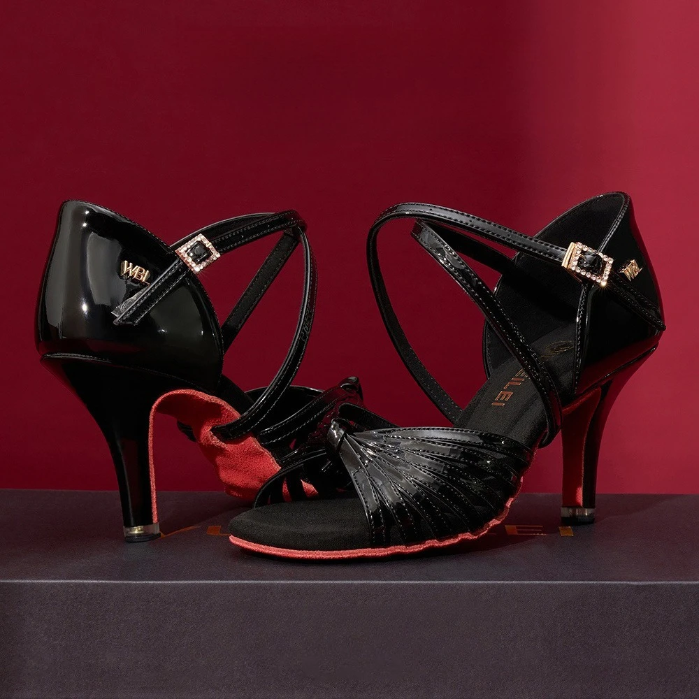 

UK Latin Dance Shoes for Women, Black Patent Leather Red Sole Medium Heel, Genuine Leather Flexible Sole Ballroom