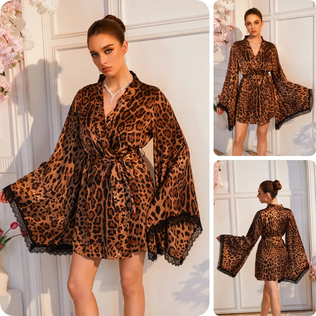 Women Satin Kimono Robe Leopard Print Long Sleeve Deep V‑Neck Lace Cuff Open Front Sleepwear With Waist Belt Loungewear Bathrobe