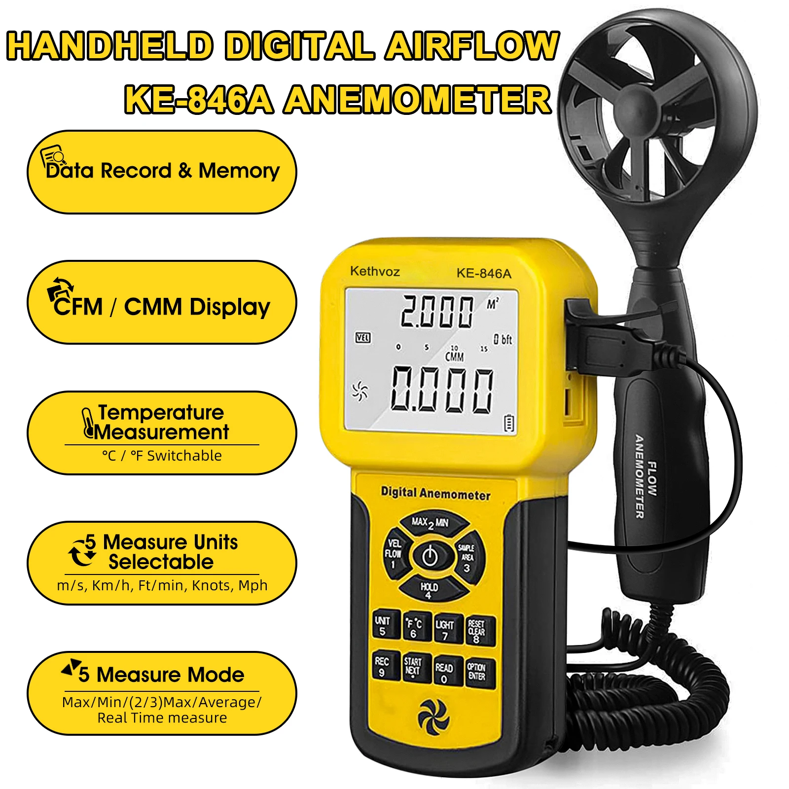 

Air Velocity Measurement Instrument Set Tool, With Backlight & Data Hold For HVAC, Wind Surfing, Drones, And Weather Monitoring