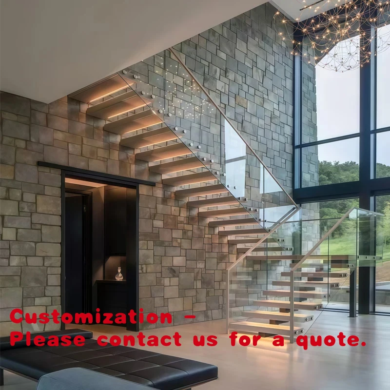 

custom.Fancy Glass Railing Staircase Steel Stair Modern Design Hardwood Tread Indoor Glass Stairs Foyer