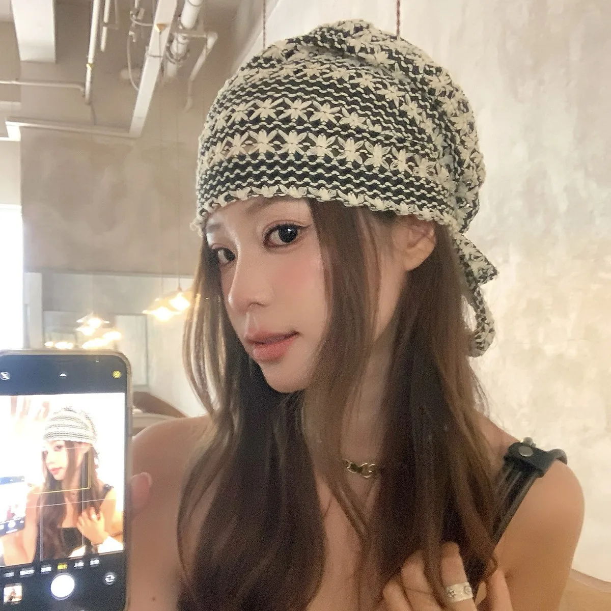 Hand-woven Hollow Headscarf Women's 2026 New Spring and Autumn Thin Through Pile Hat Internet Celebrity Fashion Scarf Headscarf