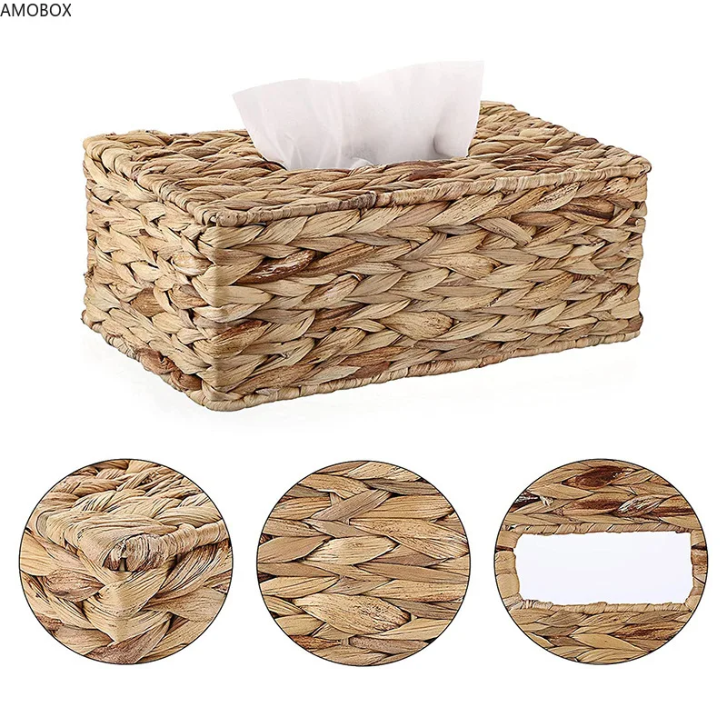 AMOBOX-Tissue Box Holder with Cover, Square Wicker Tissues Cube Box Cover, Woven Facial Tissue Holder on Table and Bathroom