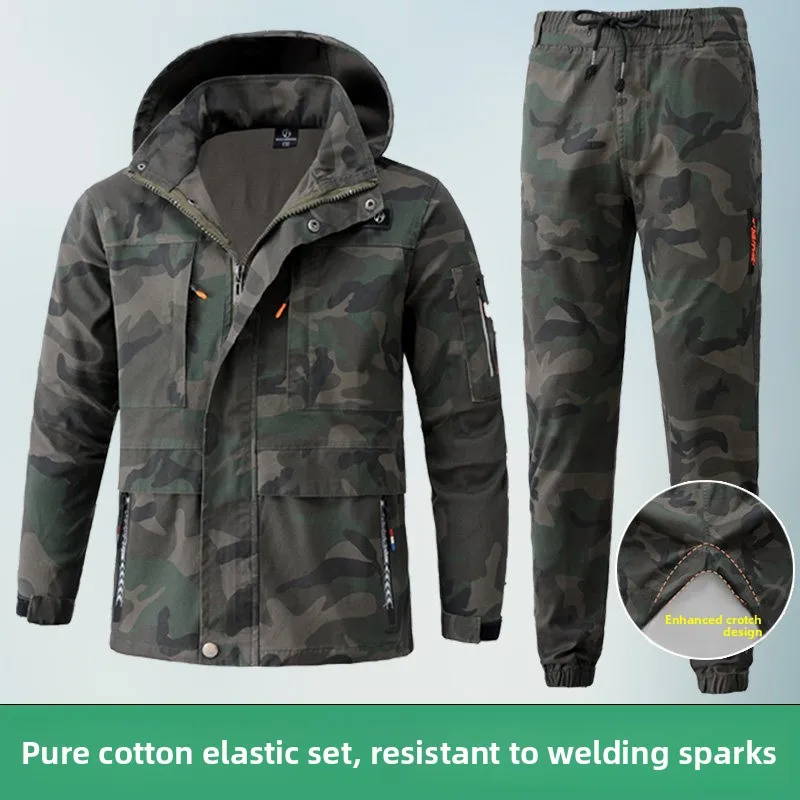 

Men's Cotton Workwear Uniform Set Camouflage Long Sleeve Zipper Hooded Sweatshirt And Pants for Welding Construction Site Lab...