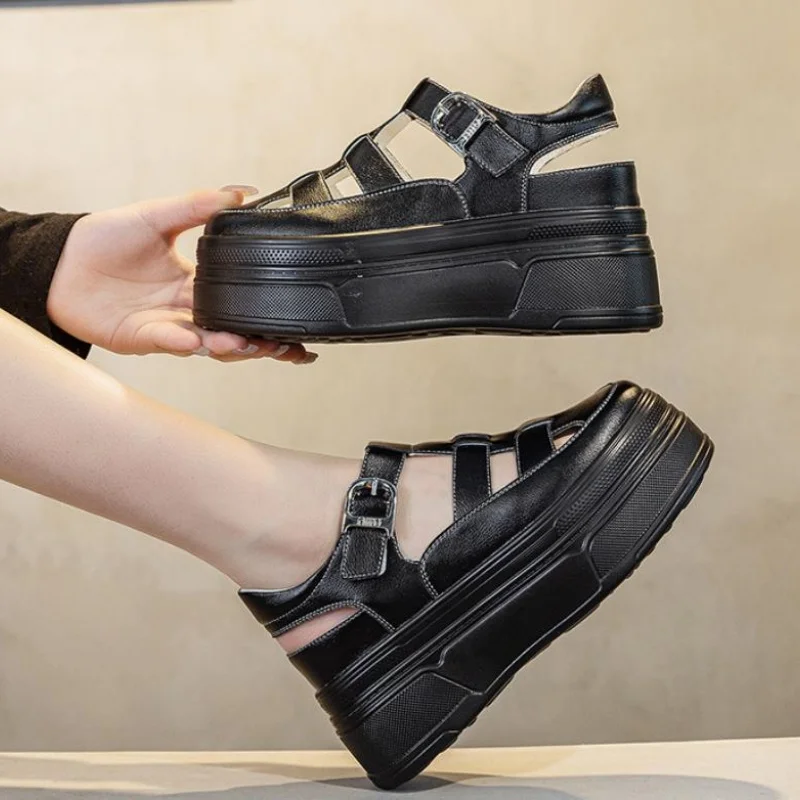 8.5cm Hollow Full Cow Genuine Leather Women Summer Shoes Platform Sneakers Wedge Hidden Heel Women Summer Sandals Platform 34-39 view 2