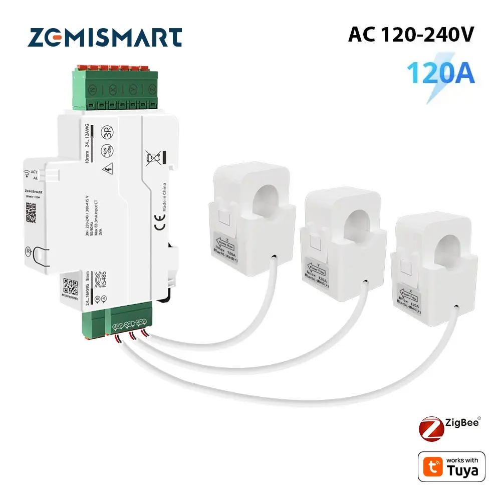 Zemismart Zigbee + RS485 Modbus 120A Energy Meter 3 Phase Power Monitor Withdrawable Split-core CTs 120V 240V Work with Tuya APP