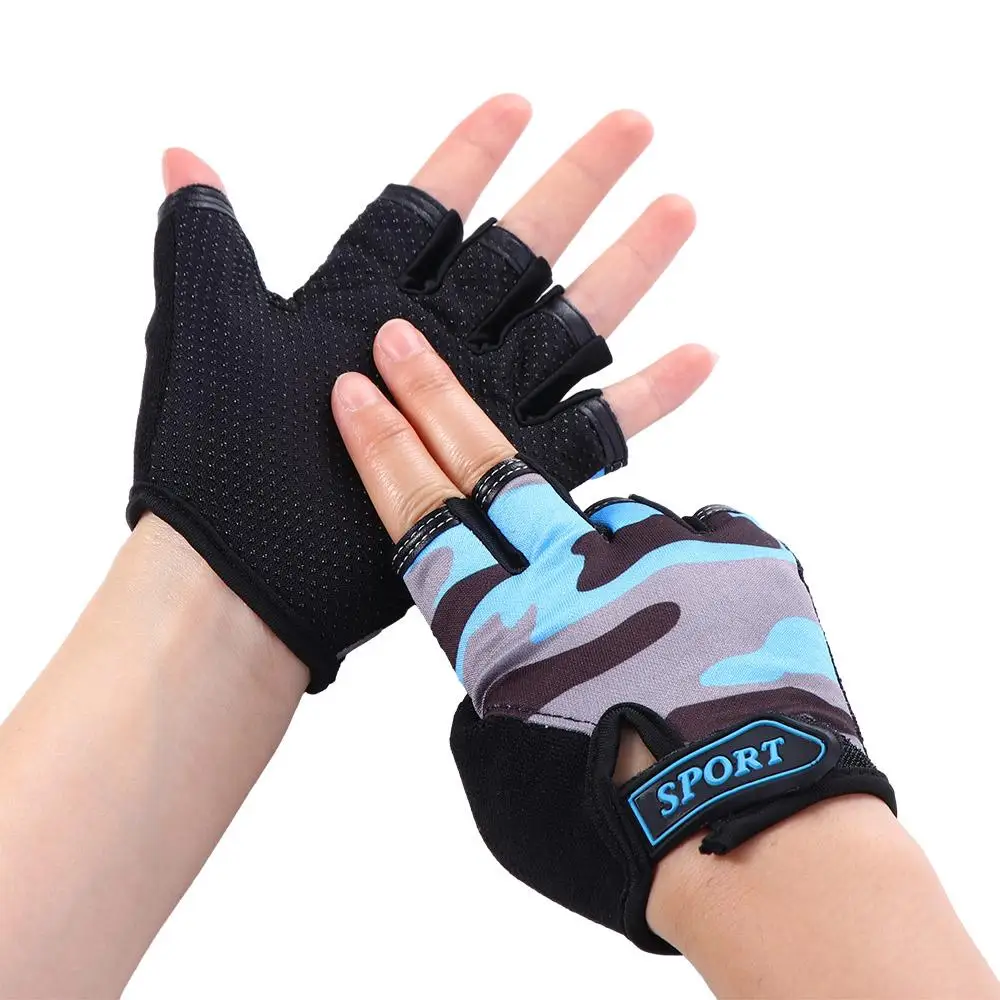 Girls Non-slip Breathable Elastic Hiking Riding Equipment Camouflage Bike Mittens Half Finger Golves Children Cycling Gloves