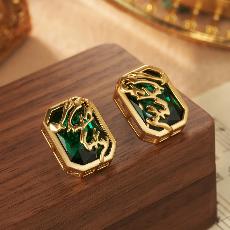 

Elegant Dragon Pattern Red Green Crystal Stud Earrings - Gold Tone Geometric Statement Jewelry for Women