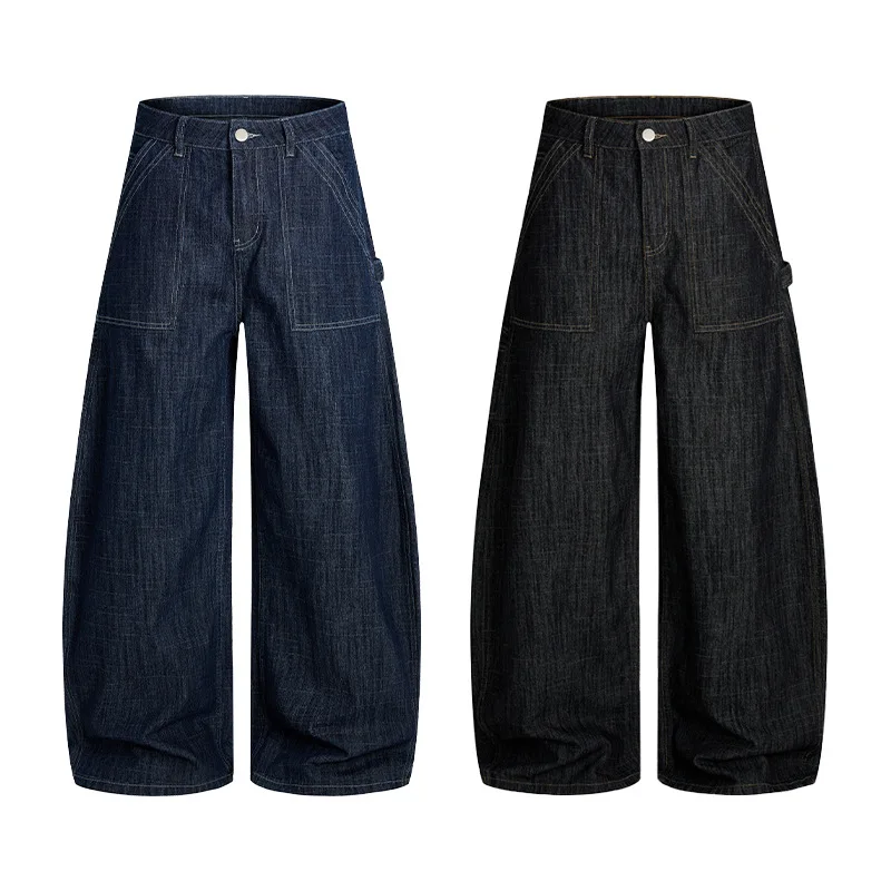 Men's Retro Deep Blue Baggy Jeans Korean Fashion High Street Casual Wide Leg Denim Pants Streetwear Trousers Men Clothing