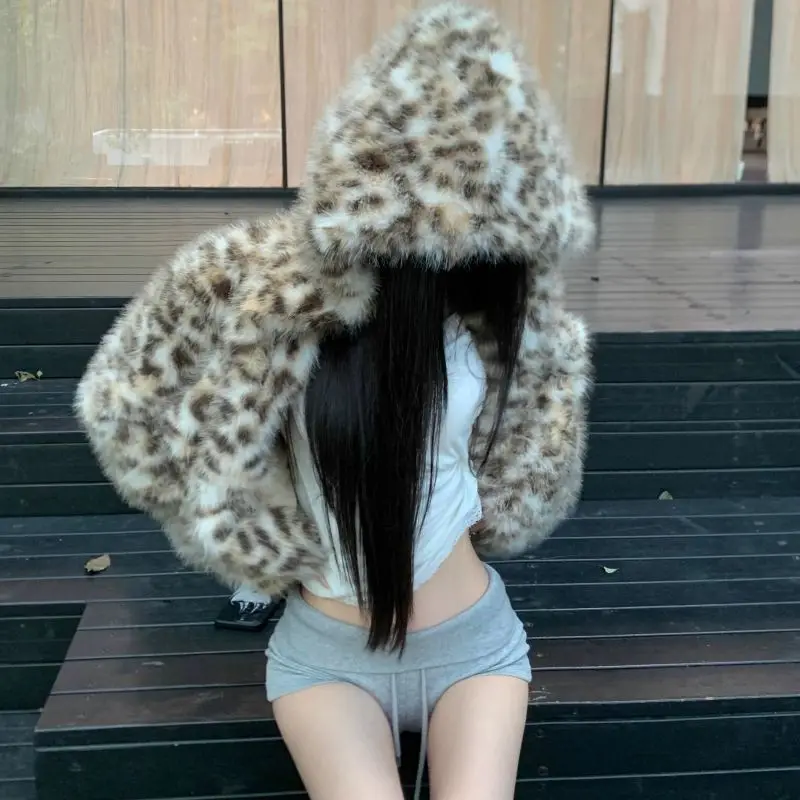 Women's Leopard Print Faux Fox Fur Hooded Coat Hidden Button Short Thickened Luxury Eco Fur Jacket Parkas Top for Fall Winter