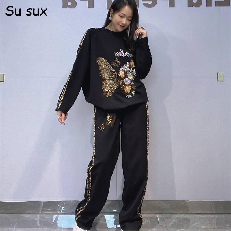 

Sequins Butterfly Pullover O Neck 2 Piece Pant Sets Woman Outfits Casual Long Sleeve Sweatshirt and Sweatpants Matching Sets