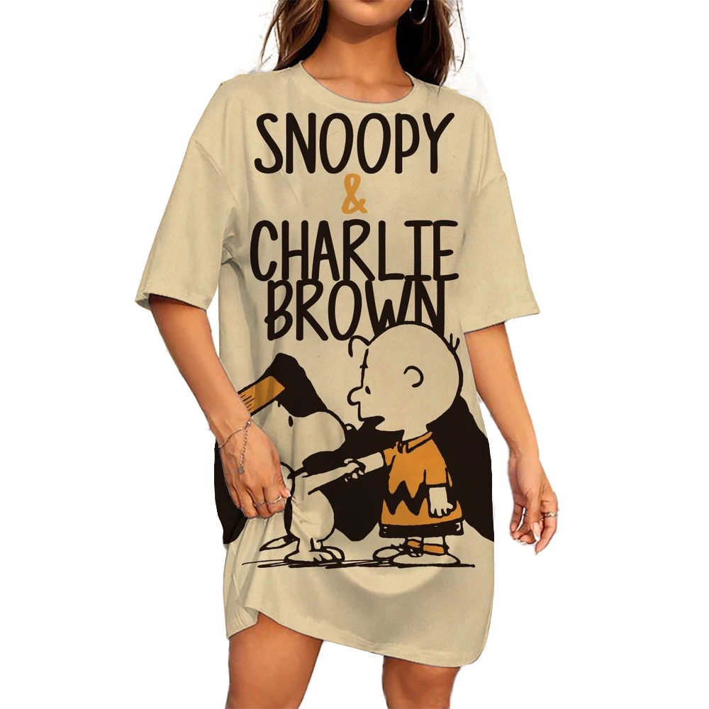 ชุดเดรสเสื้อยืด Dress Model Baru พิมพ์ลายสนูปี้วินเทจทรงหลวมทรงหลวมเสื้อผ้าผู้หญิงแขนสั้นผู้หญิงลำลอง