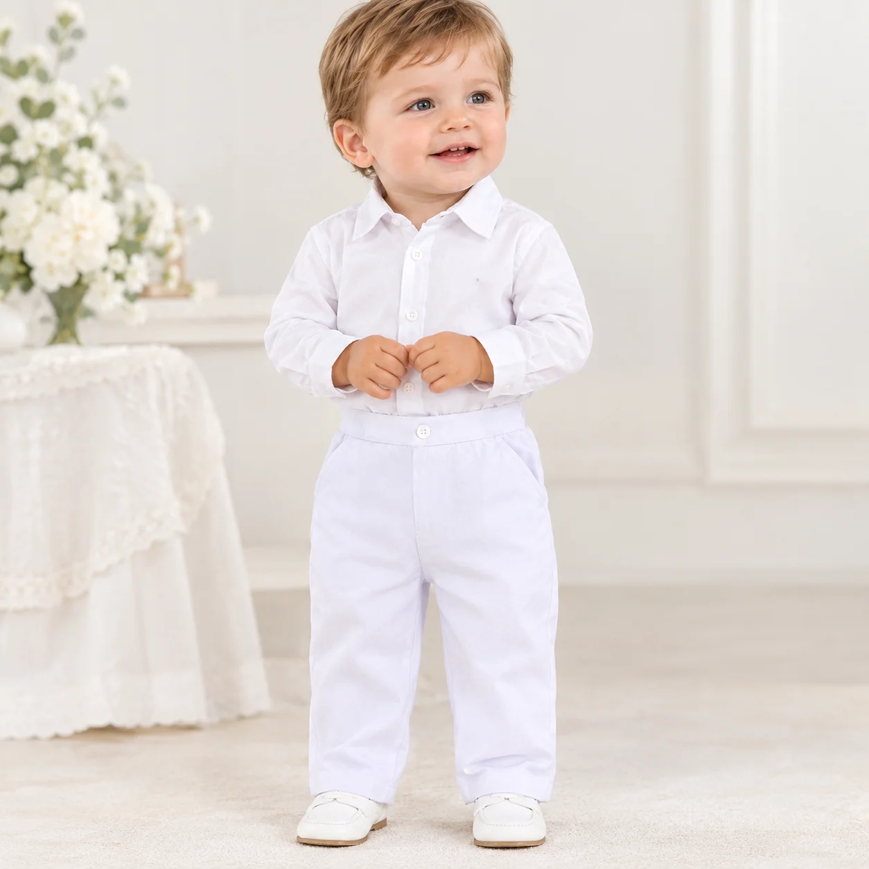 Weiße lange Hosen für Babys, Jungen, 3-24 Monate, formelle Hosen mit elastischem Bund, Anzughosen für Kleinkinder, geeignet für Hochzeiten, Partys, Geburtstage und andere festliche Anlässe. – Detail 2
