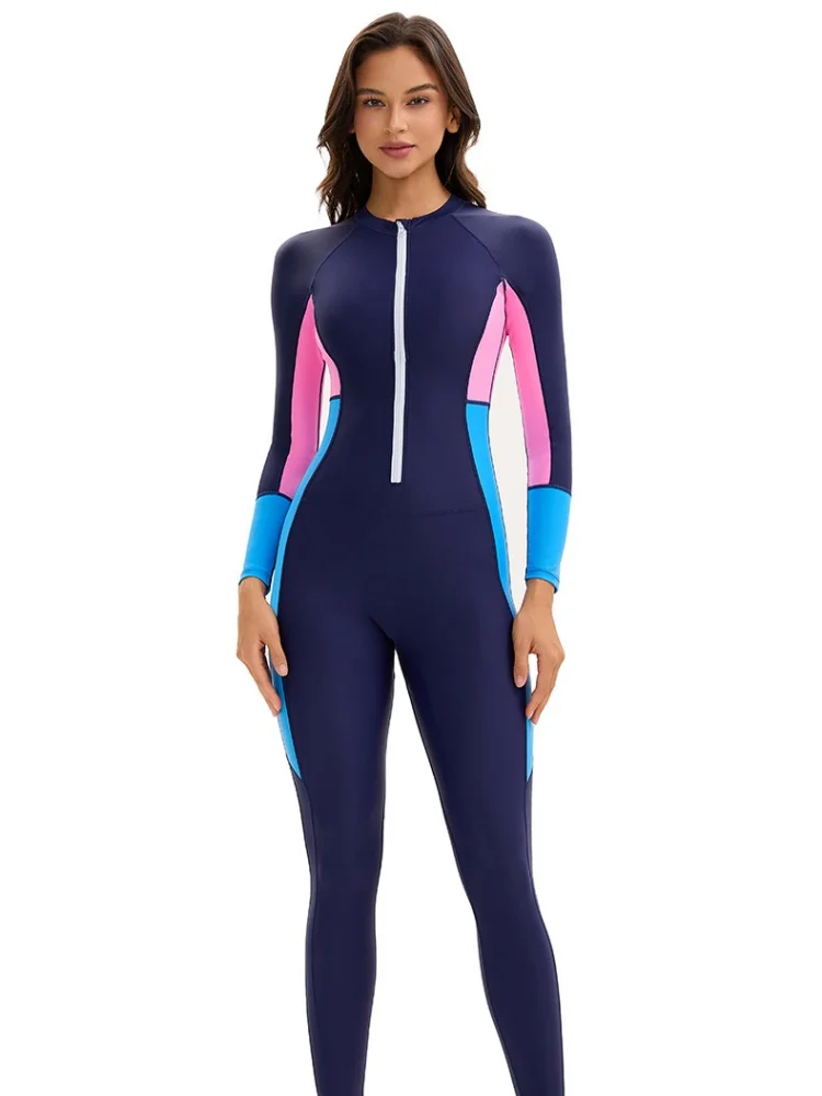Women Color Block Full Body Rash Guard Front Zipper Long Sleeve One Piece Swimsuit Surf Snorkel Dive UPF Sun Protection Athletic
