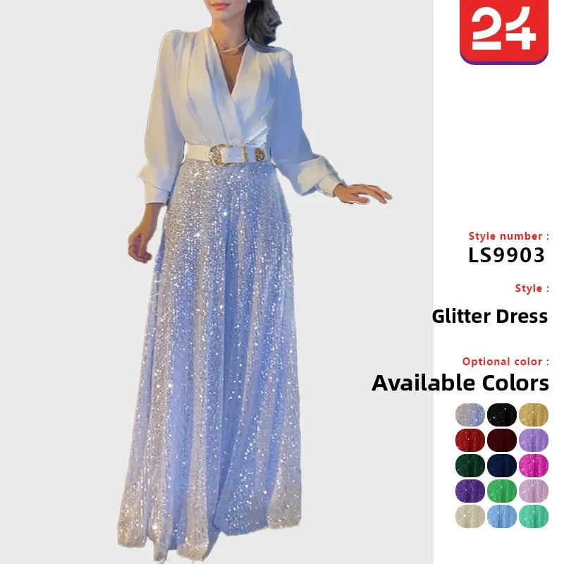 

Elegant V-neck Long Sleeve Women's Dress Waist-cinching Spring Autumn High-End Feelings Fashionable Classy Lady's Gown