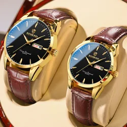 BINBOND Leather Band Quartz Watch for Men and Women Dual Calendar Waterproof Lovers' Wristwatches Luxury Business Couple Watches