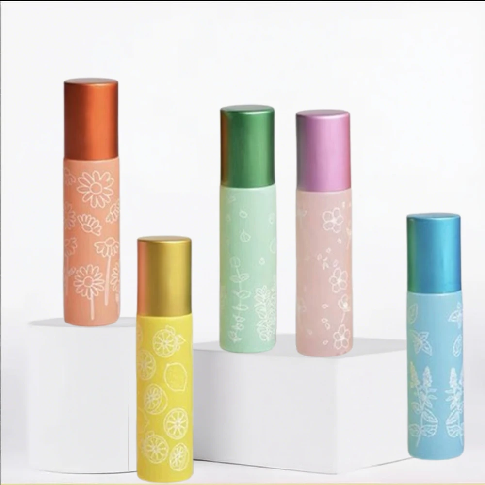 6pcs 두꺼운 유리 에센셜 오일 롤 온 병 스틸 볼 롤러 병 꽃 인쇄 빈 향수 아로마 테라피 병