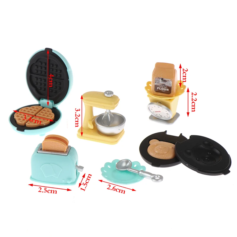 Mini máquina de pan para casa de muñecas, tostadora, batidora, plato de pesaje, cuchillo de cocina, cubo de basura, juego de cocina para coche y comedor, 1:12