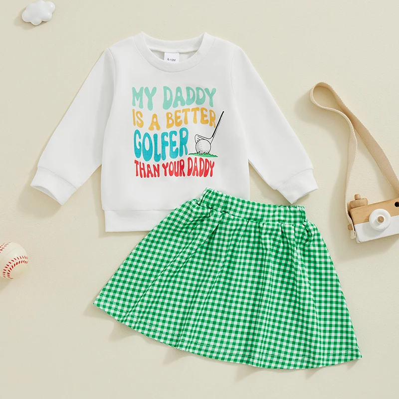 

2024-07-04 Lioraitiin Toddler Girl 2Pcs Outfit Golf Letter Print Long Sleeve Sweatshirt and Plaid Skirt Set for Baby Fall Set