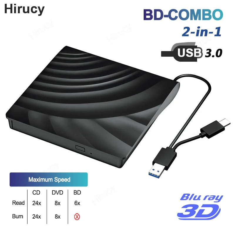 External Blu-ray Optical Drive USB 3.0 Portable 3D BD-Combo Reader CD DVD Player Burner for Laptop PC Computer Notebook