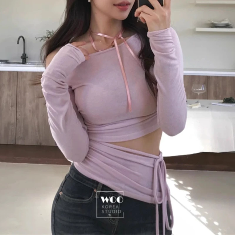 

Vintage Hollow Lace-up Sexy Slim Long-sleeved T-shirt Women 2024 Summer New Korean Pleated Solid Color All Match Halter Tops