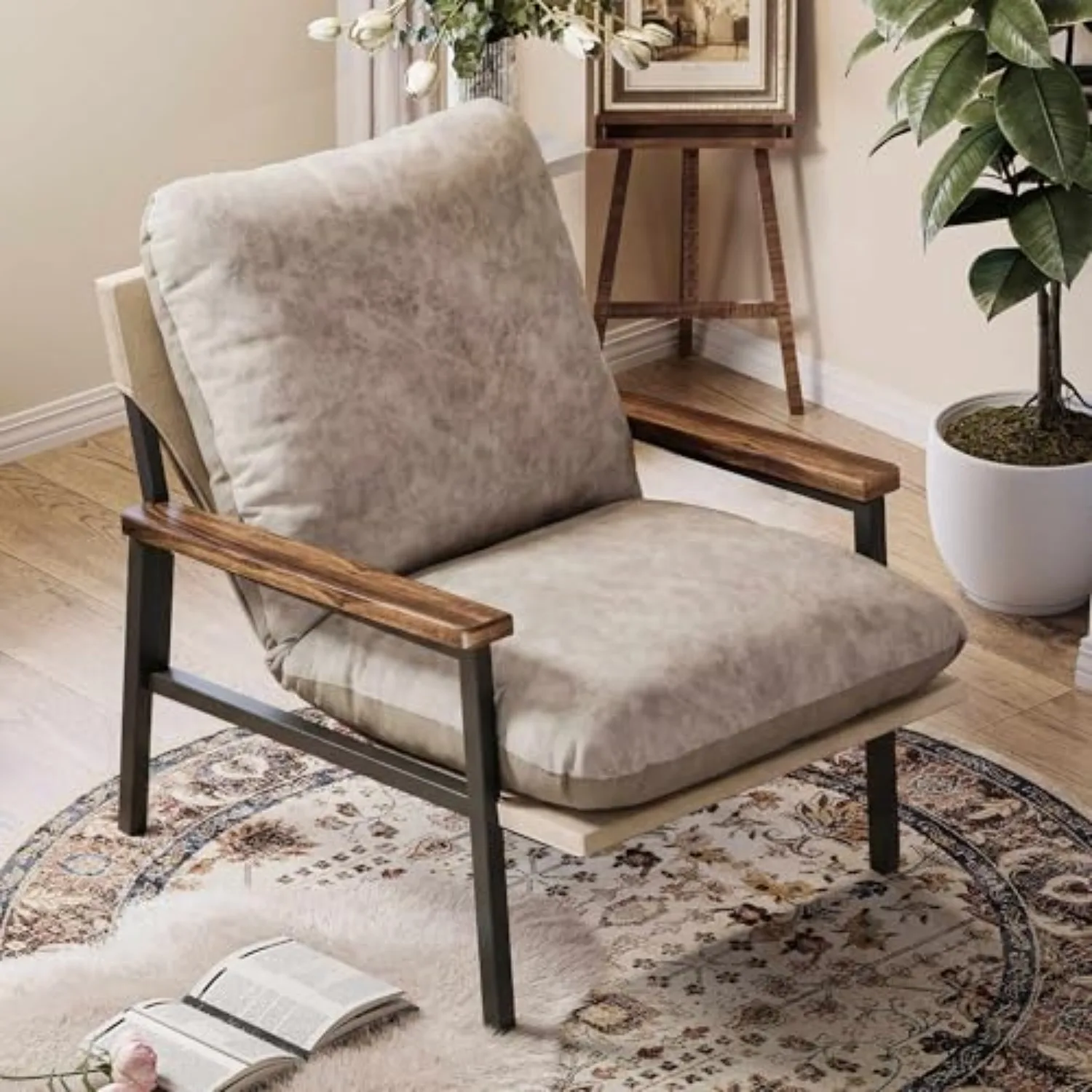 Cloud Accent Chair, Dual-Sided Cushion Accent Chair for Living Room with Acacia Wood Armrests & Sturdy Metal Frame